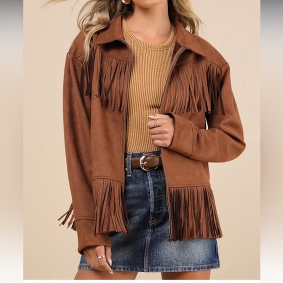 Brown Faux Suede Fringe Jacket - Picture 2 of 6